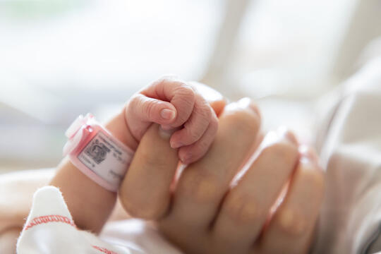 Nyfødt babyhånd holder rundt forelders finger.Foto: Ratchat / Shutterstock